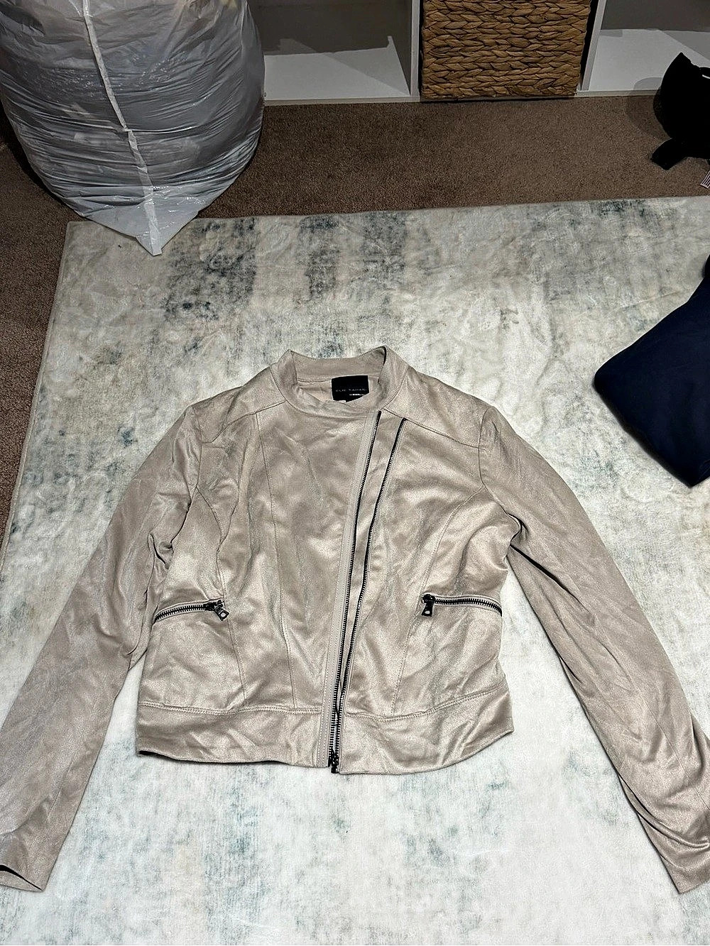 Elie Tahari for DesigNation Faux Suede Moto Jacket Beige Zip Jacket Like New